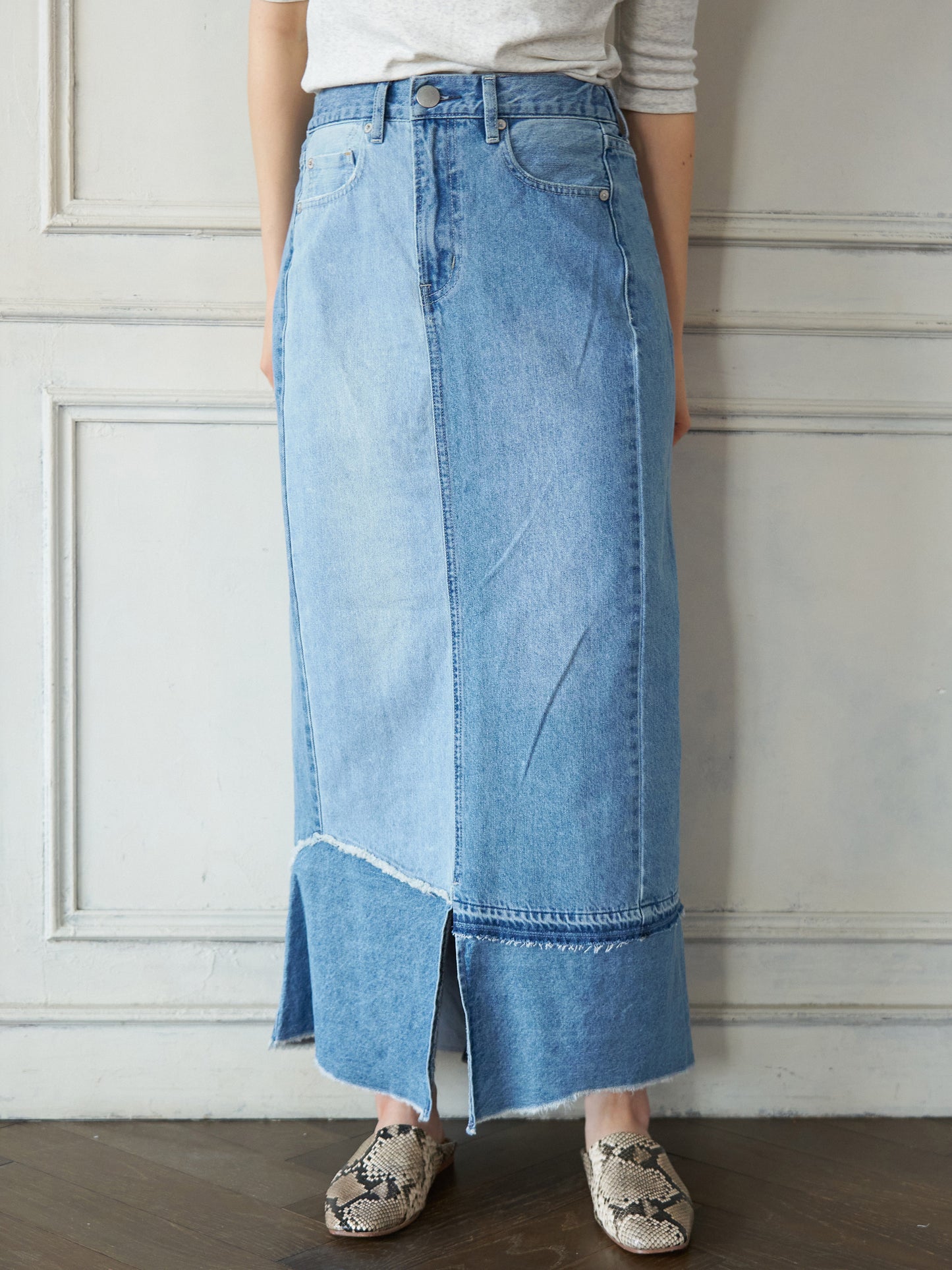 Patchwork Straight Denim Skirt