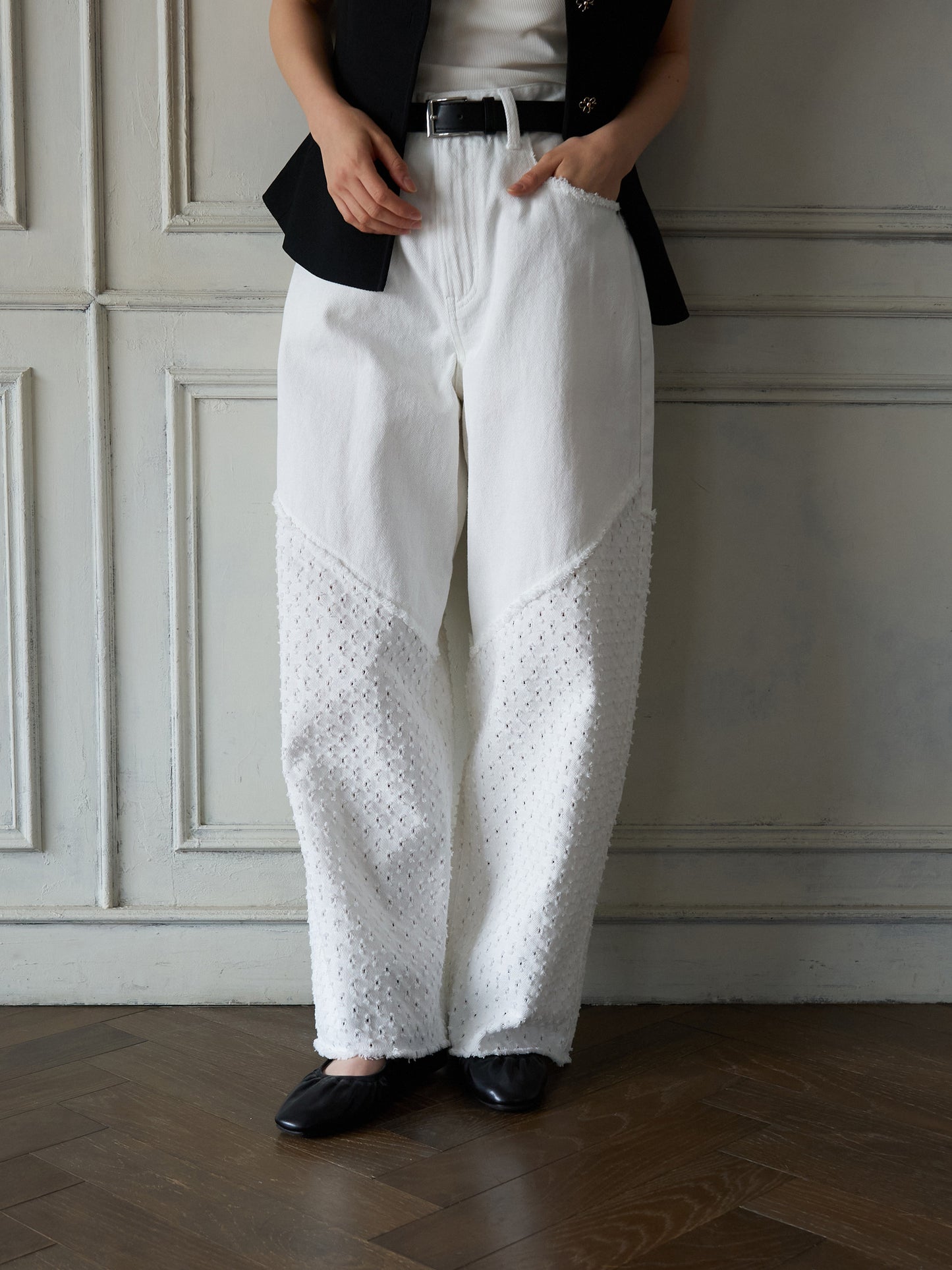 Textured Panel Denim Pants