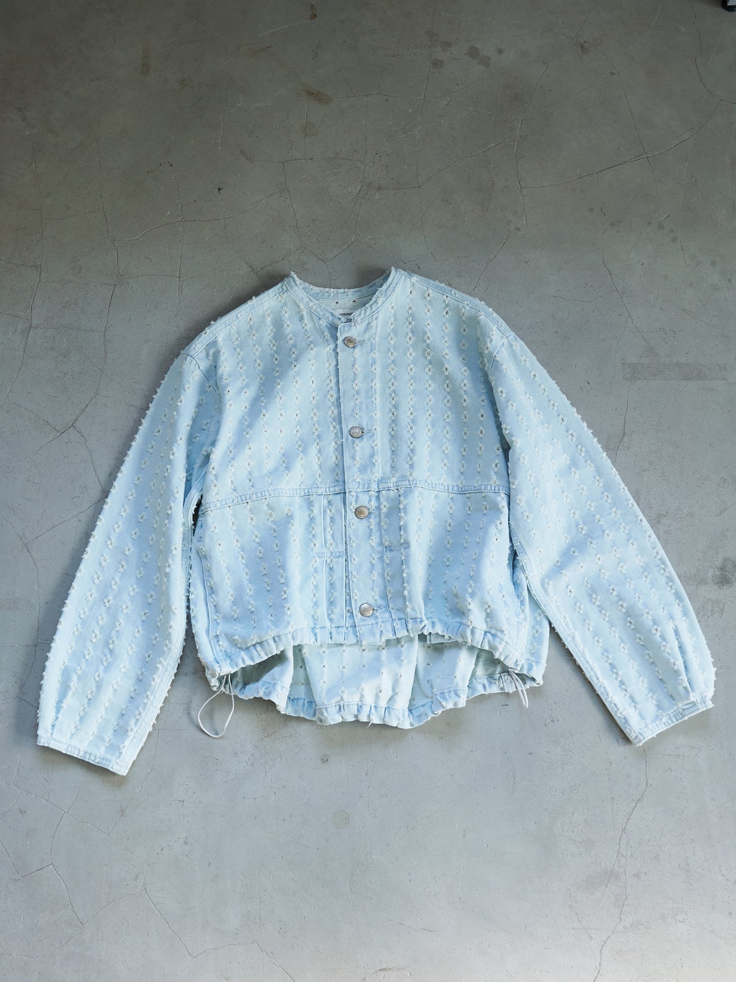 Textured NoCollar Denim Jacket