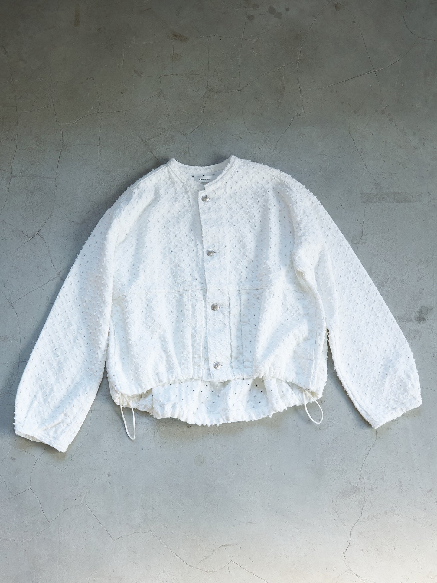 Textured NoCollar Denim Jacket