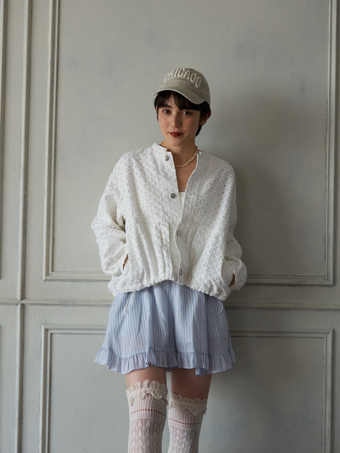 Textured NoCollar Denim Jacket