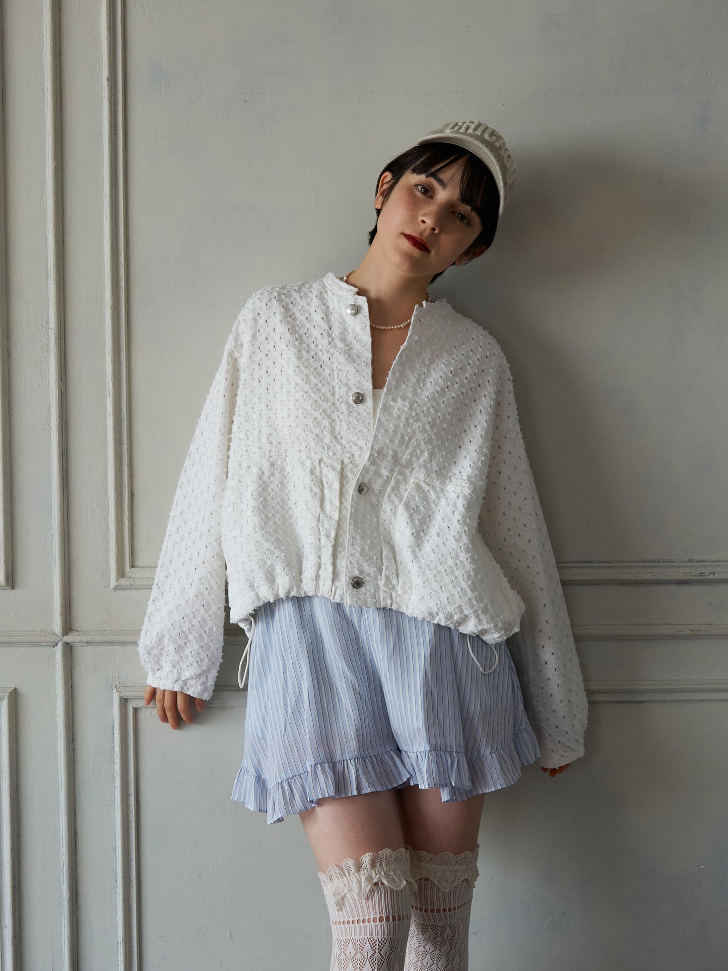 Textured NoCollar Denim Jacket