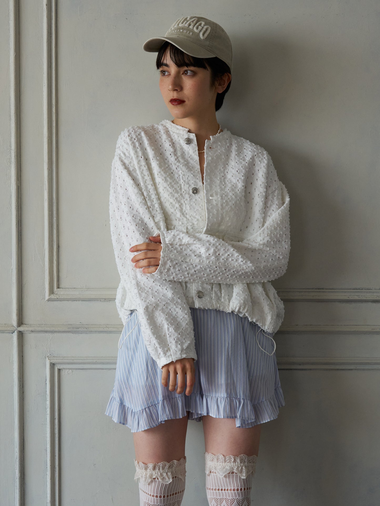 Textured NoCollar Denim Jacket