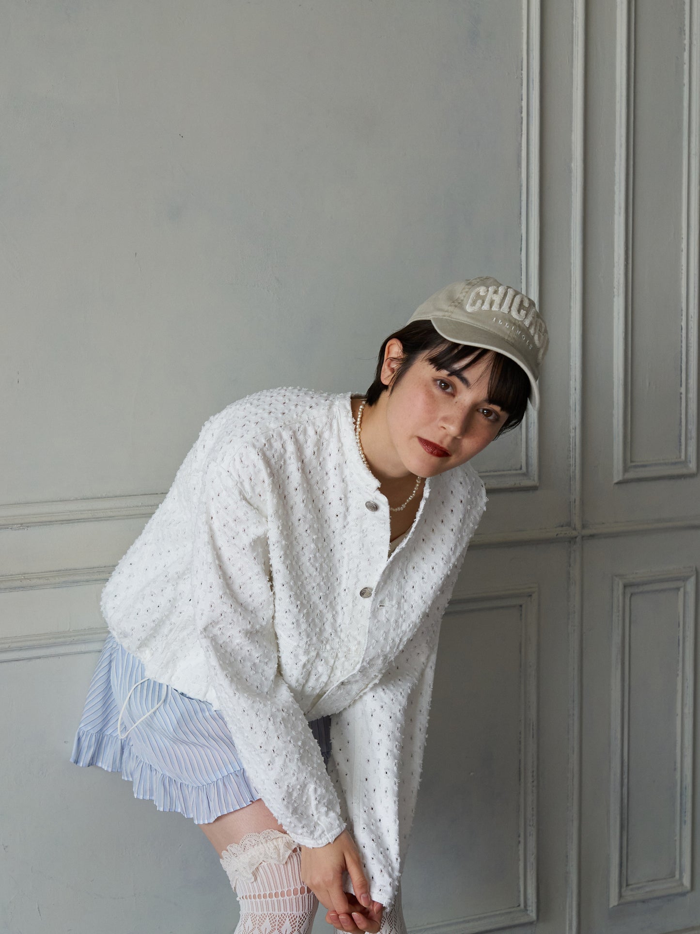 Textured NoCollar Denim Jacket