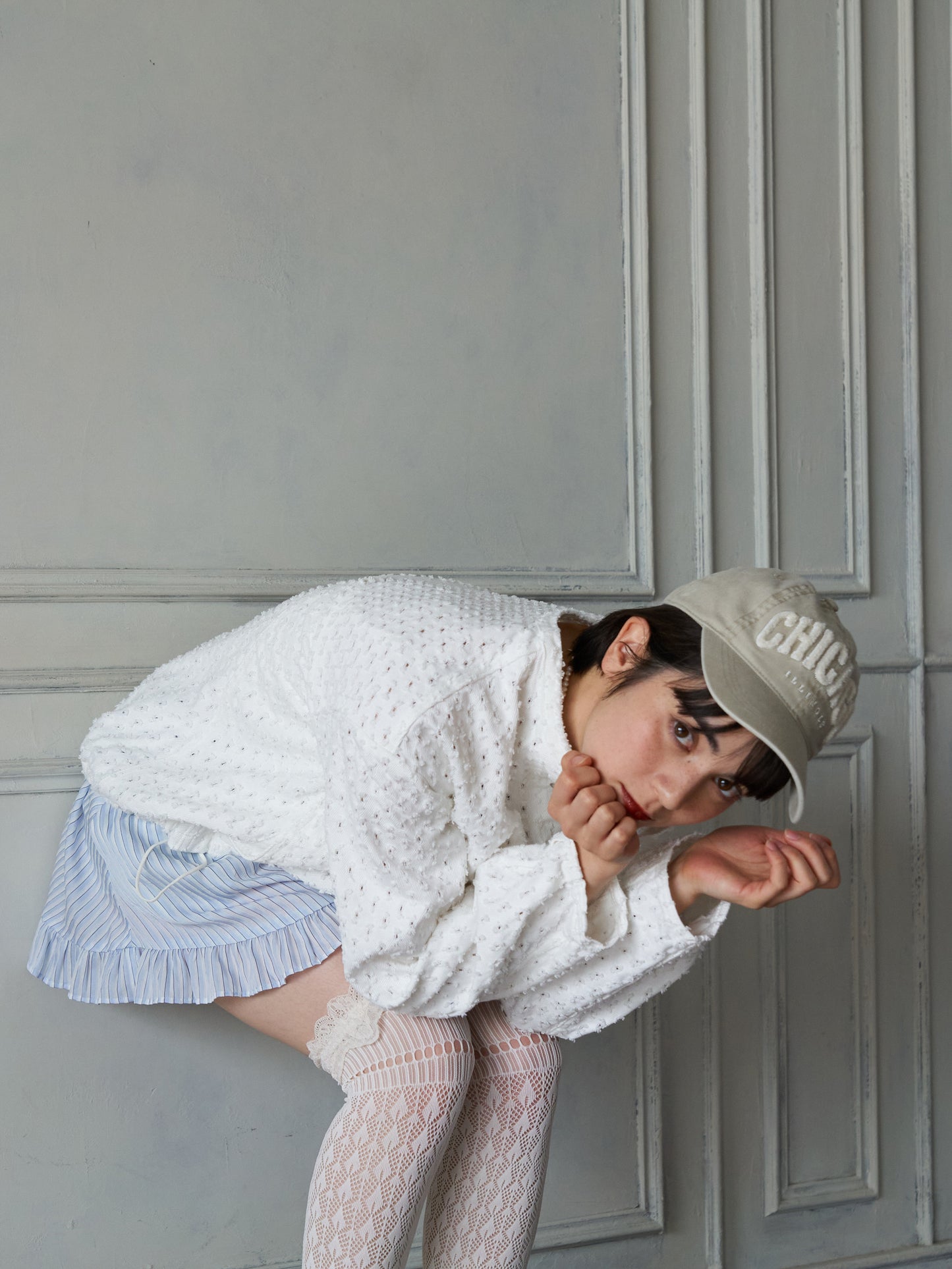 Textured NoCollar Denim Jacket