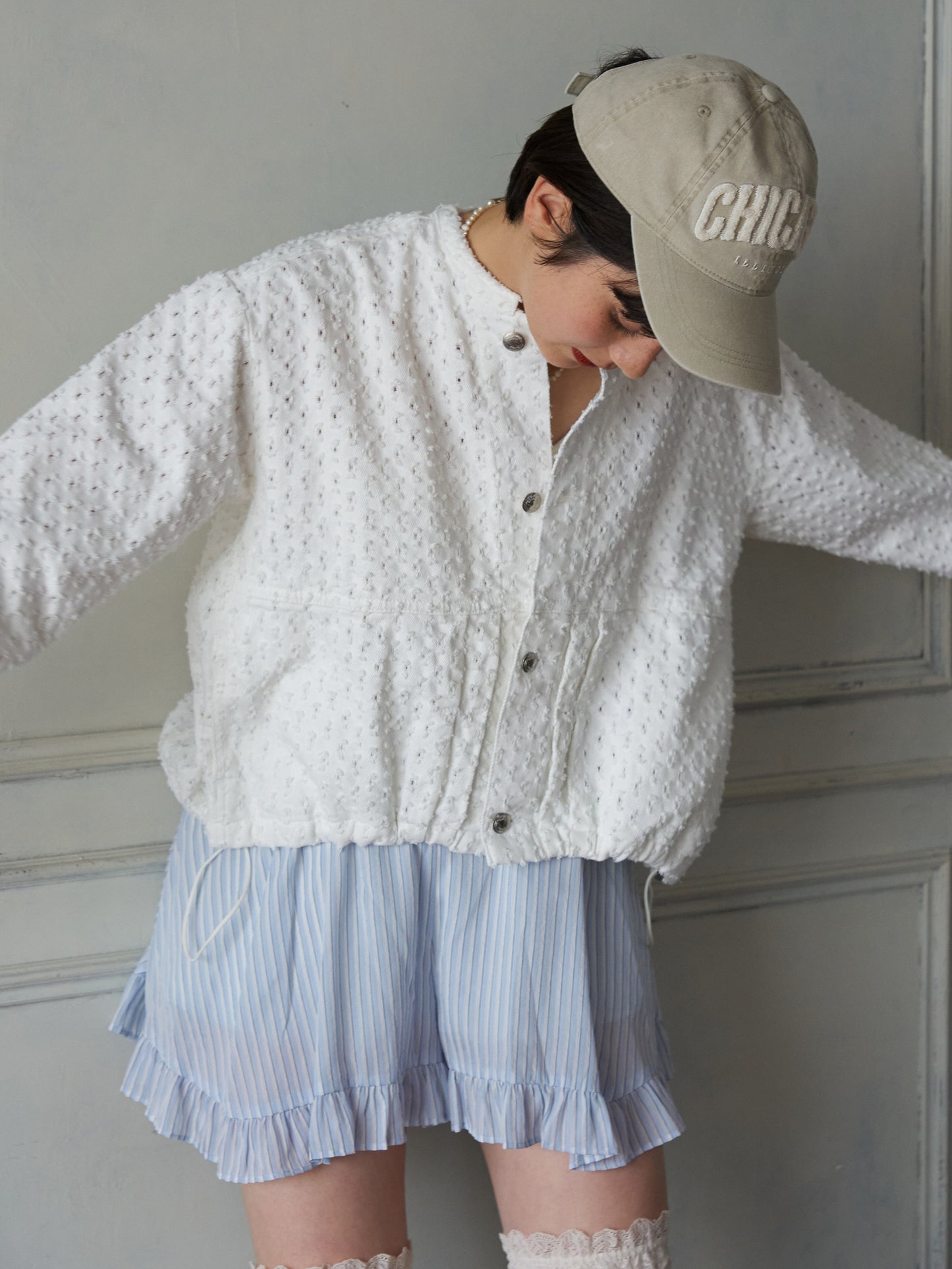 Textured NoCollar Denim Jacket