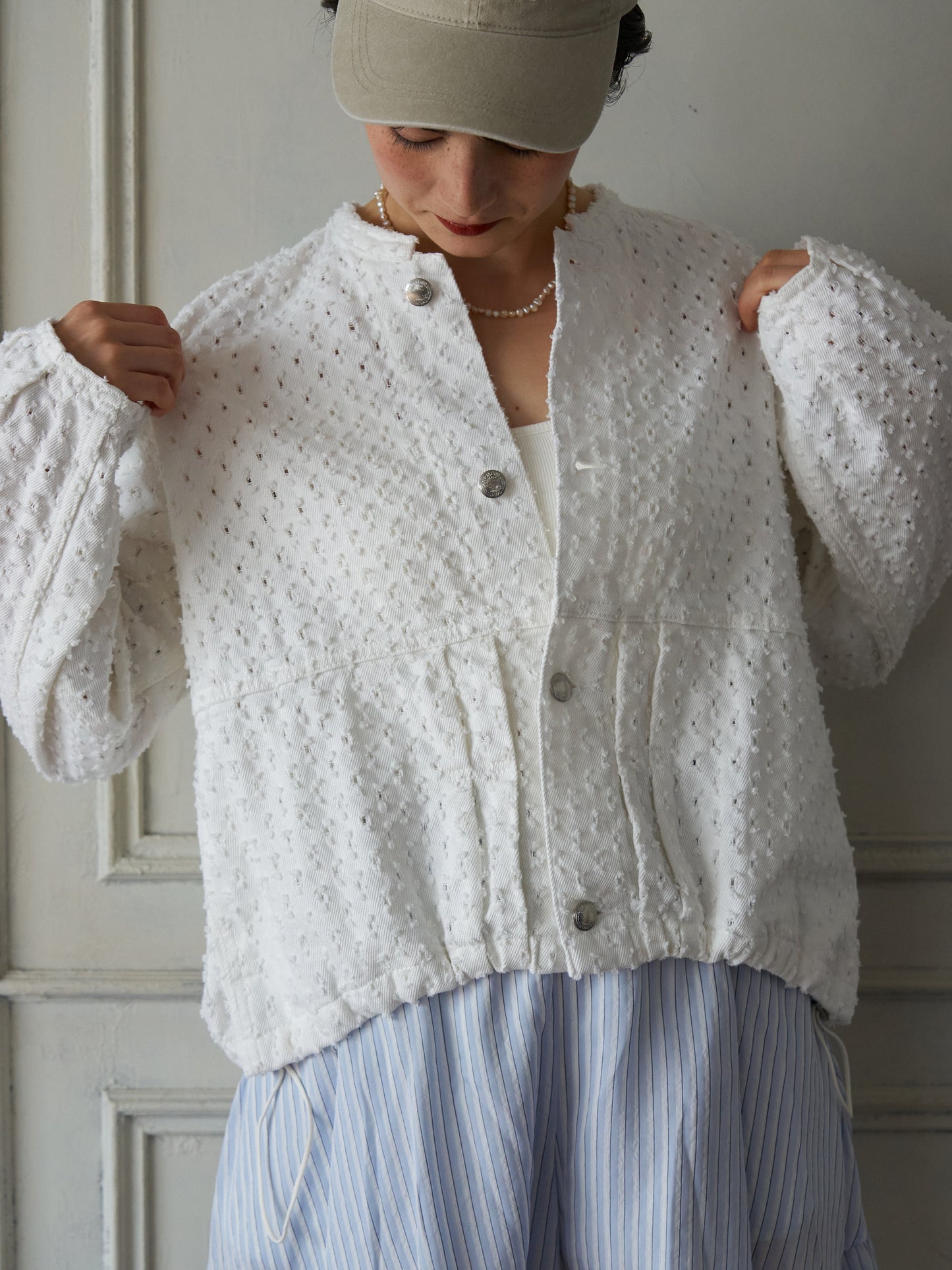 Textured NoCollar Denim Jacket