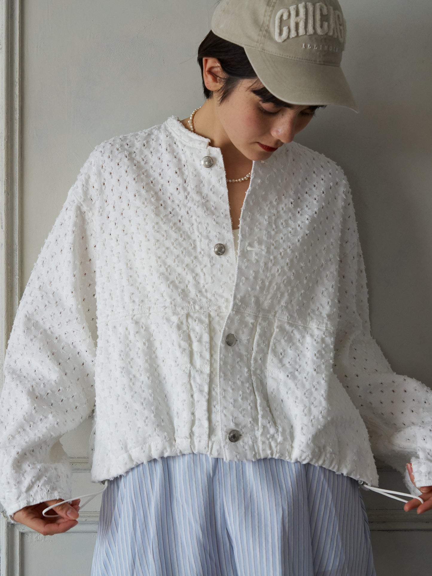 Textured NoCollar Denim Jacket