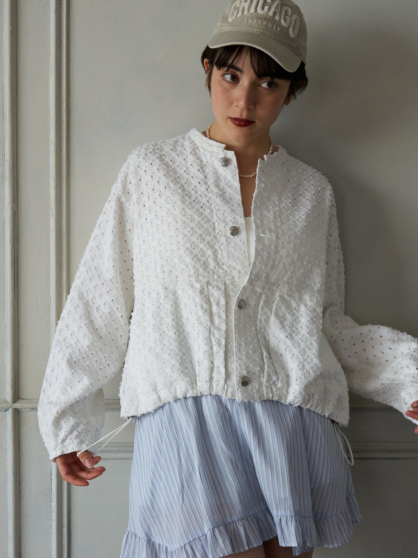 Textured NoCollar Denim Jacket