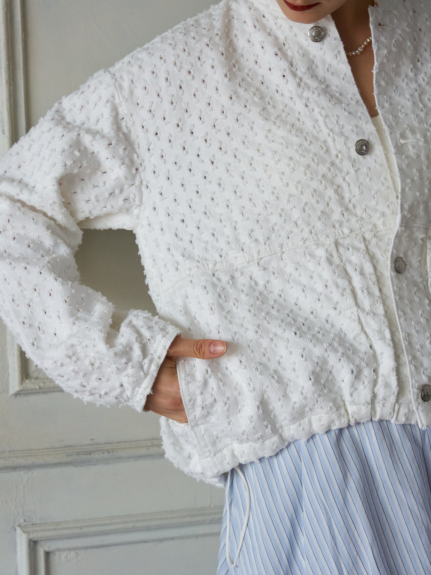 Textured NoCollar Denim Jacket