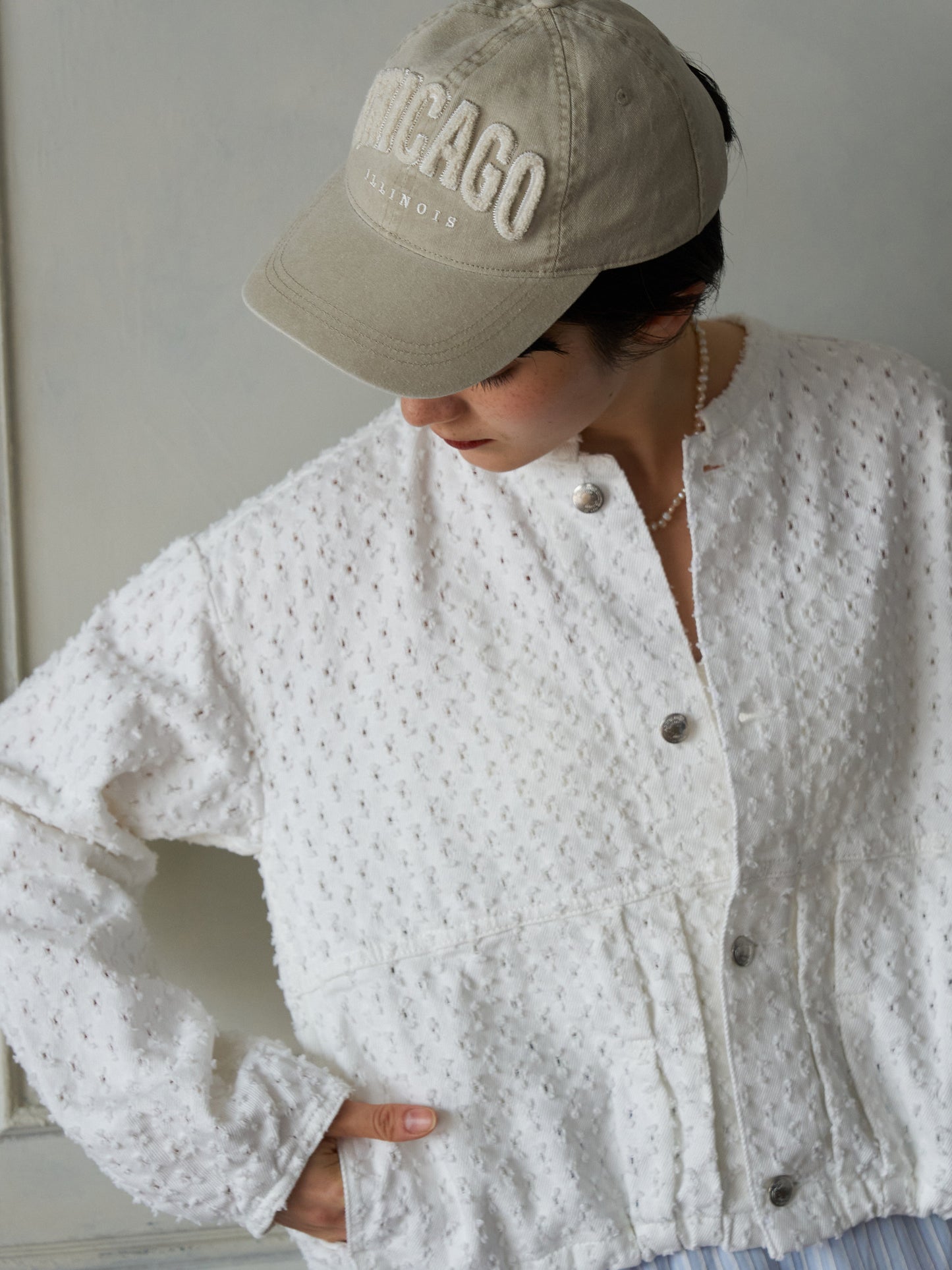 Textured NoCollar Denim Jacket