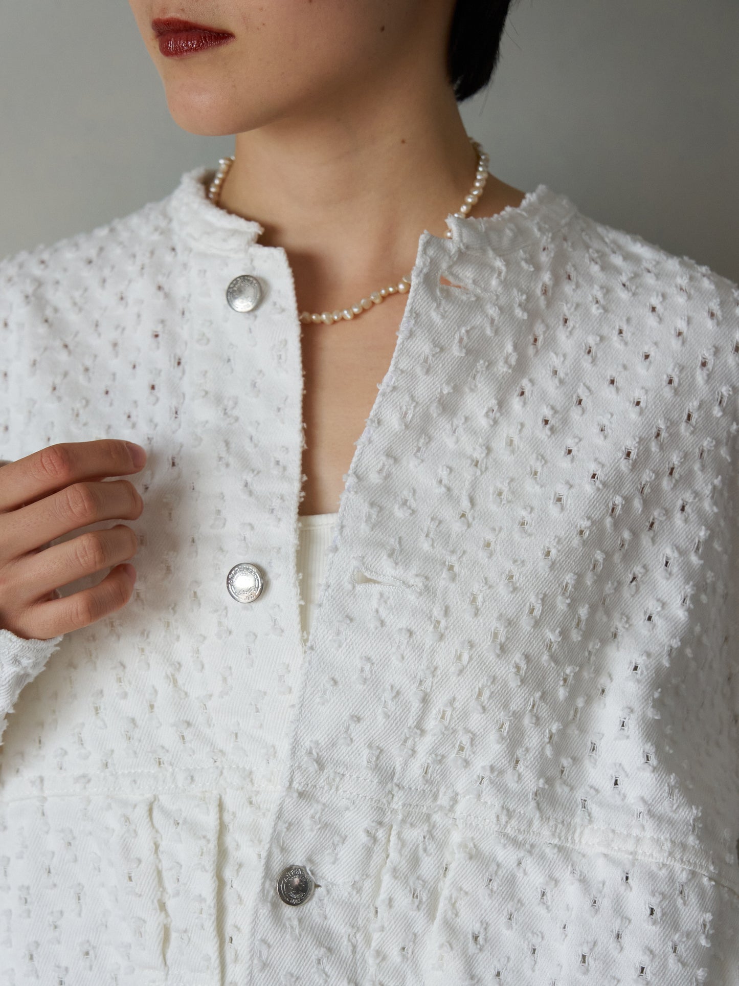 Textured NoCollar Denim Jacket