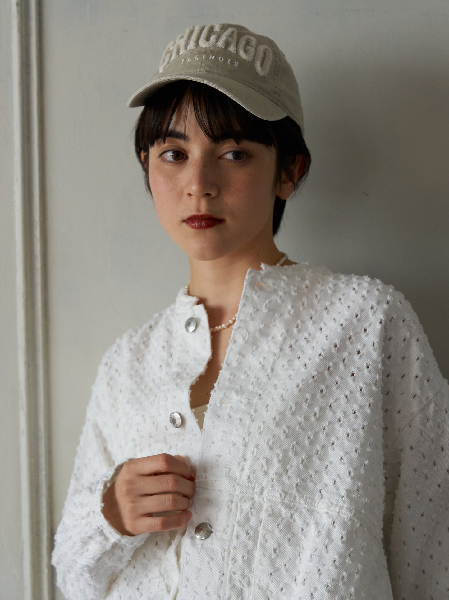 Textured NoCollar Denim Jacket