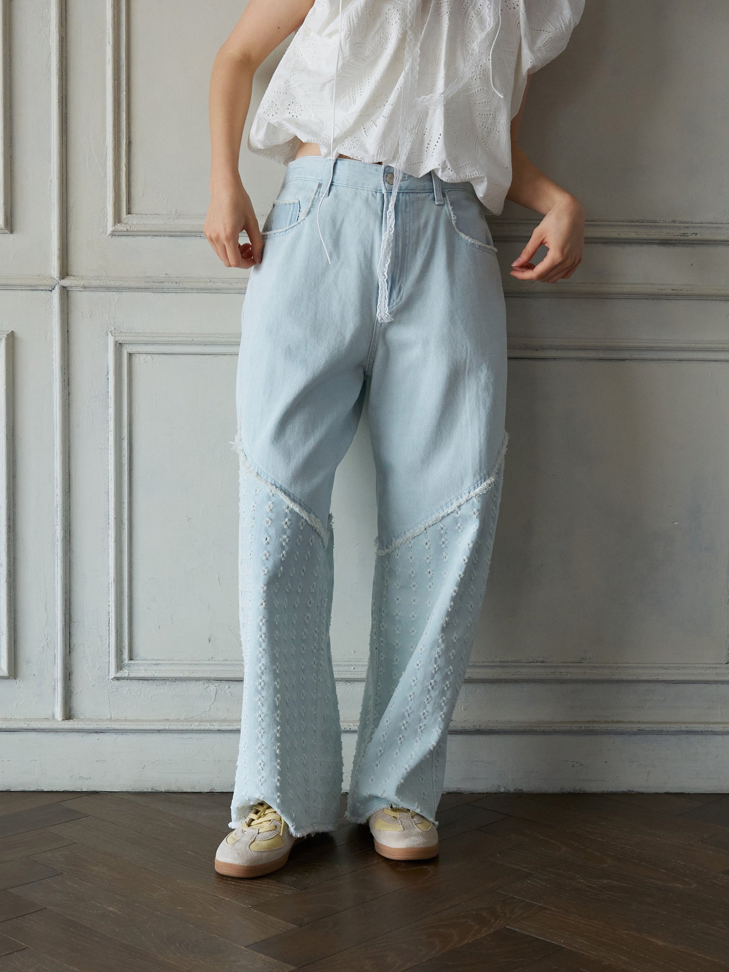 Textured Panel Denim Pants