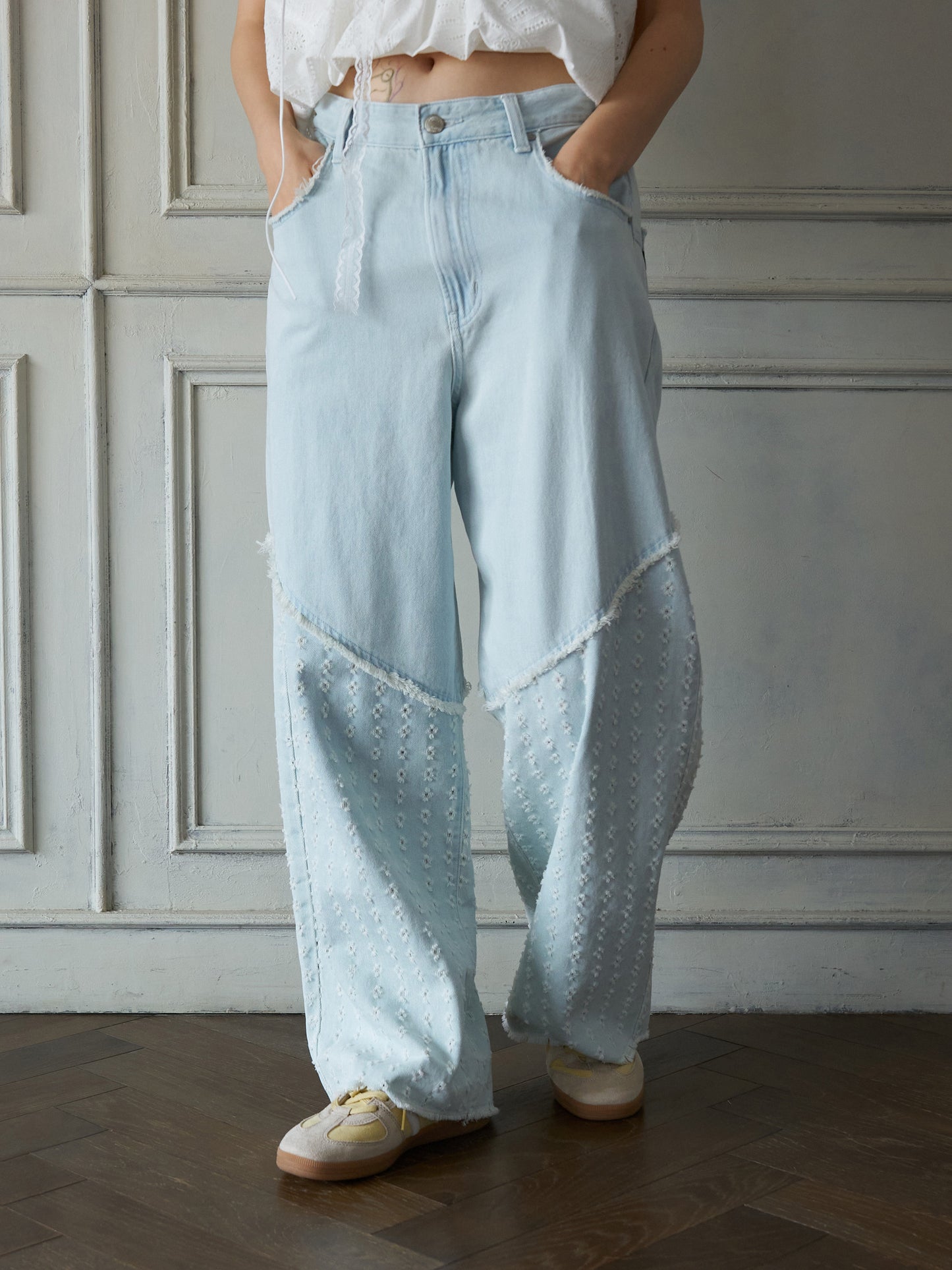 Textured Panel Denim Pants