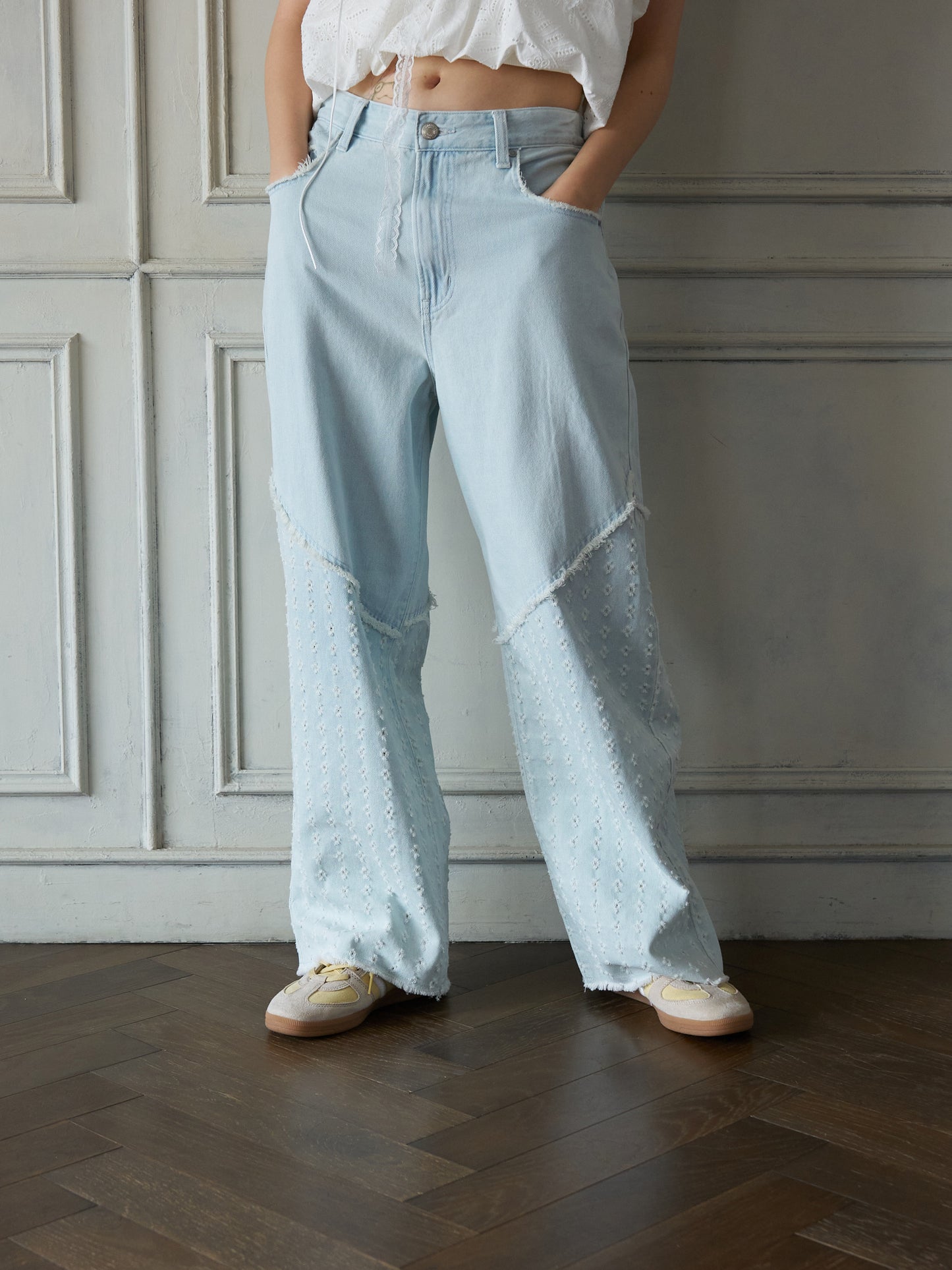 Textured Panel Denim Pants