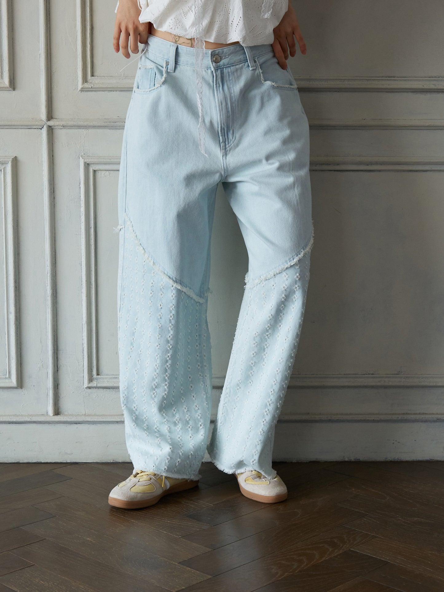 Textured Panel Denim Pants