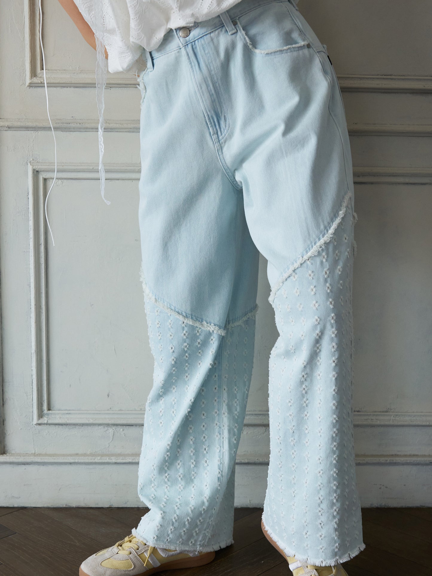 Textured Panel Denim Pants