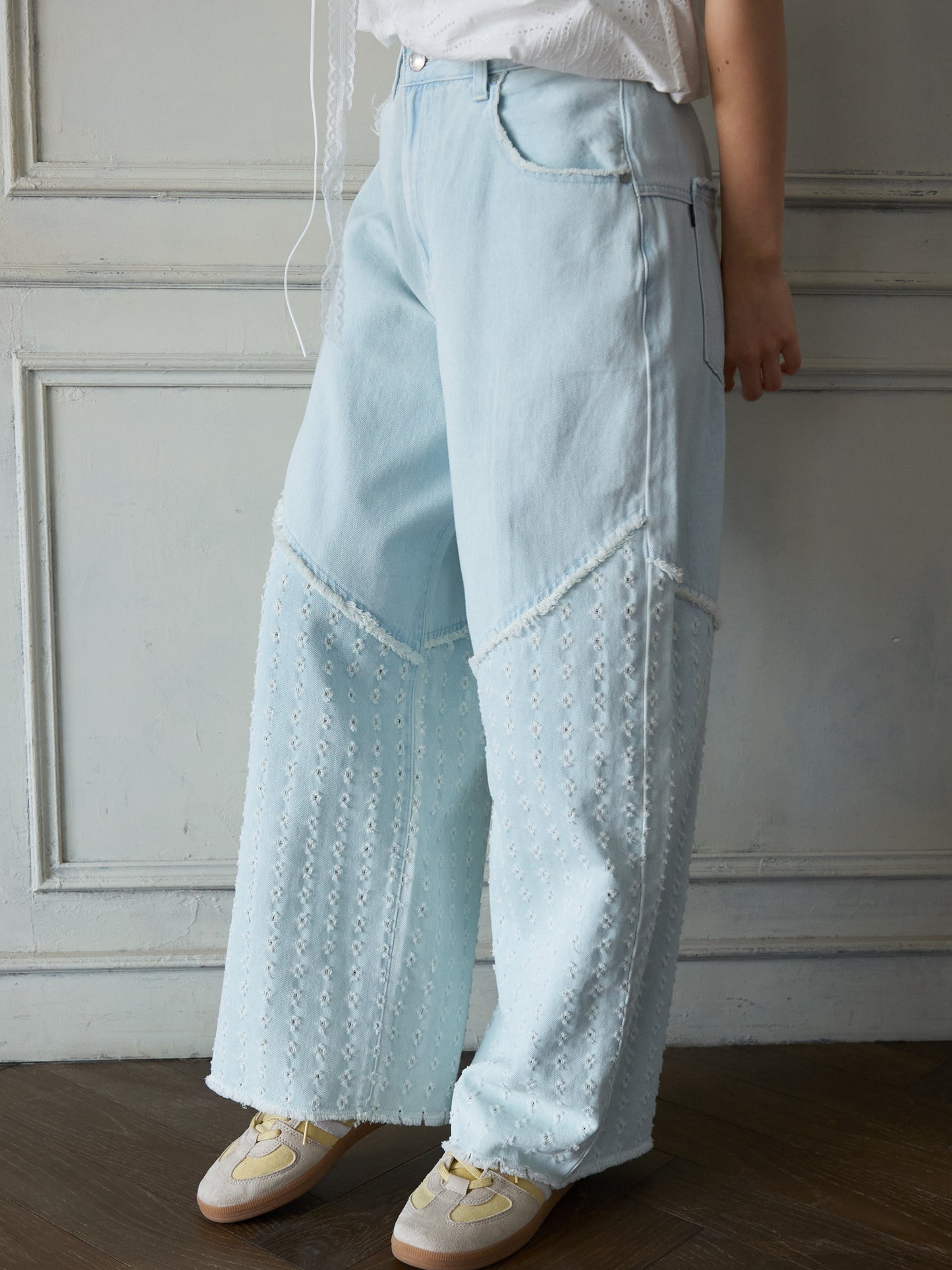 Textured Panel Denim Pants