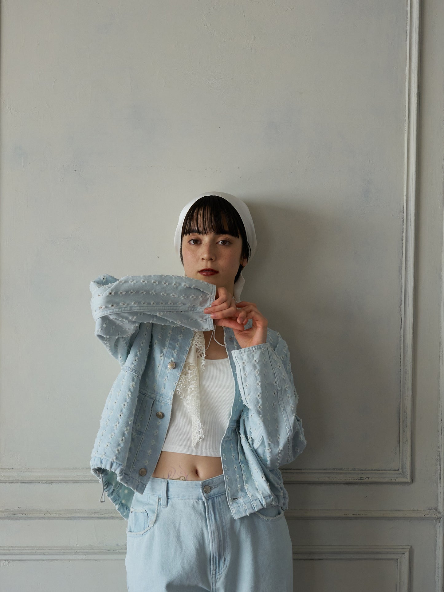 Textured NoCollar Denim Jacket