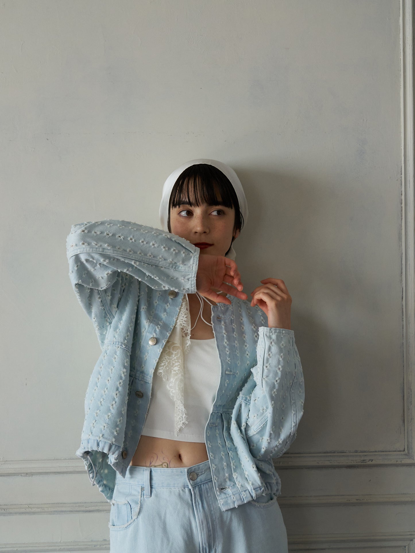 Textured NoCollar Denim Jacket