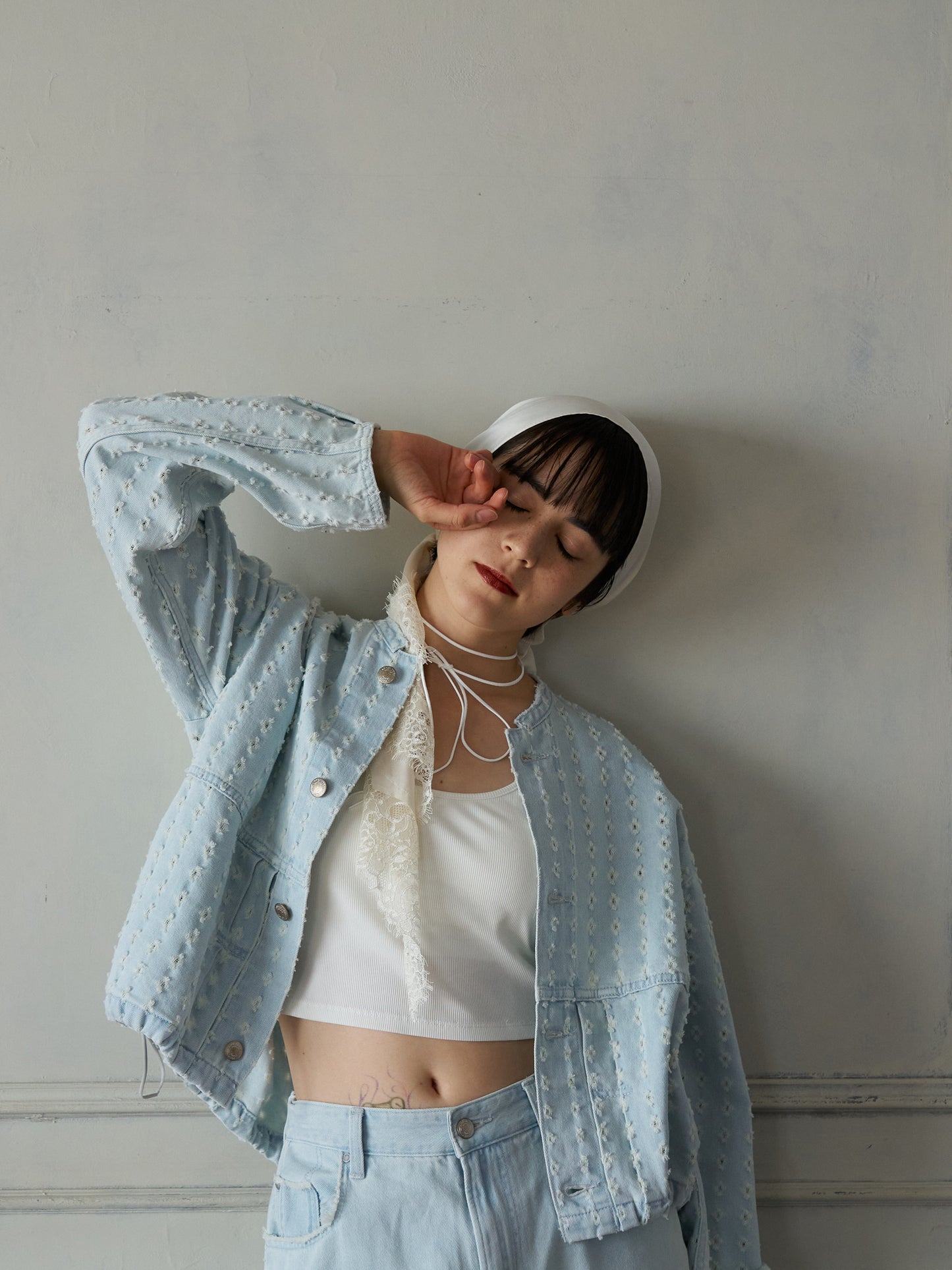 Textured NoCollar Denim Jacket