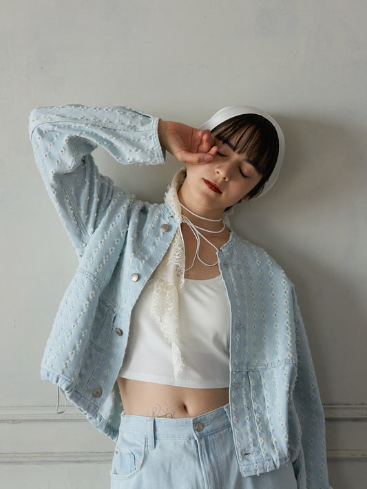 Textured NoCollar Denim Jacket