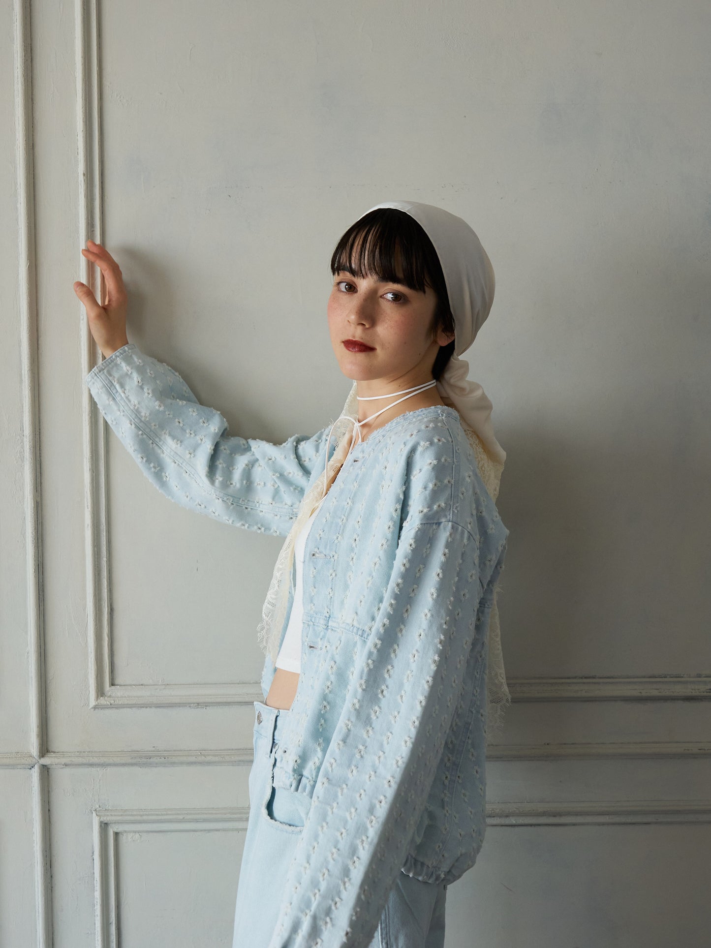 Textured NoCollar Denim Jacket