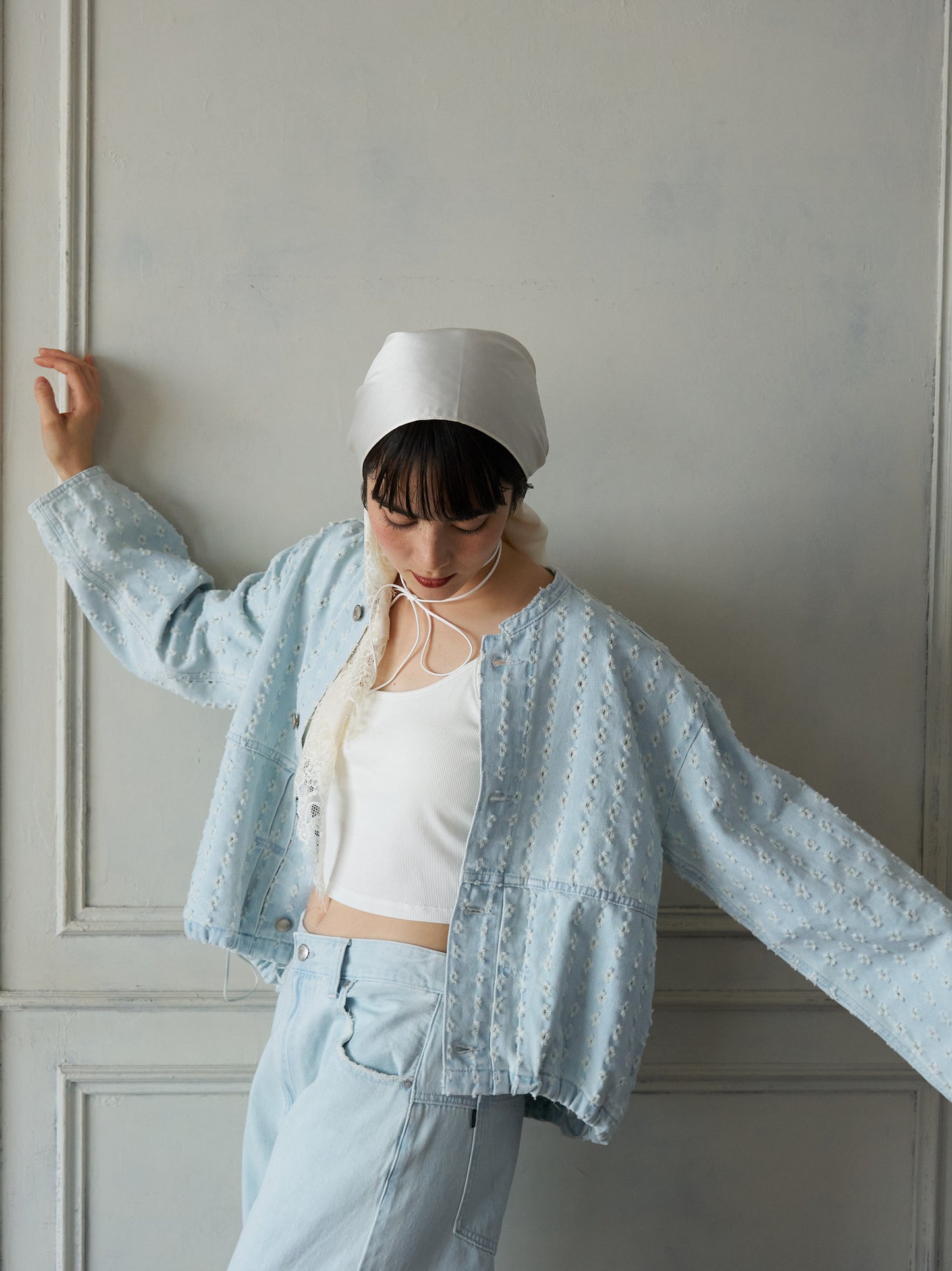 Textured NoCollar Denim Jacket