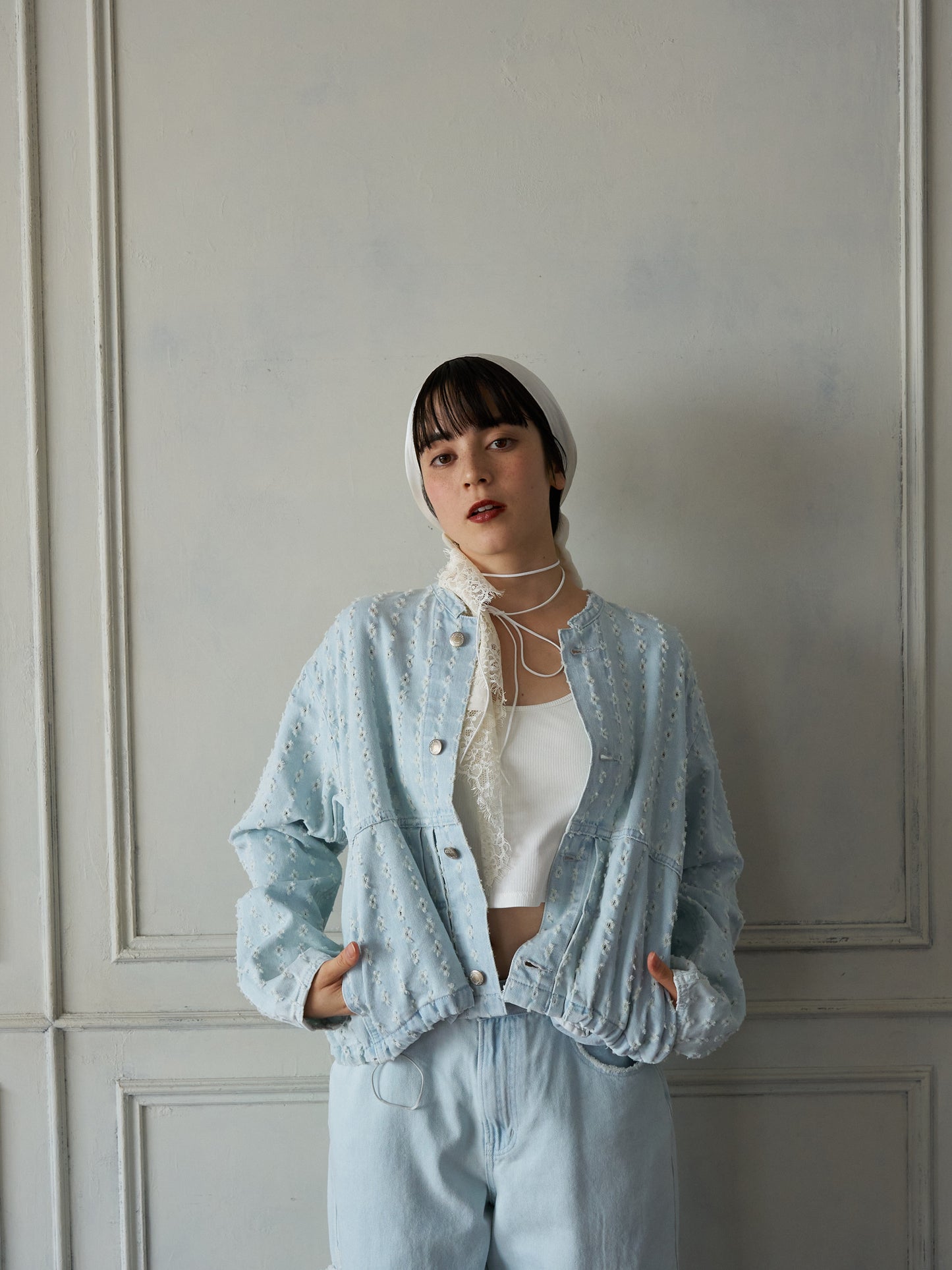 Textured NoCollar Denim Jacket