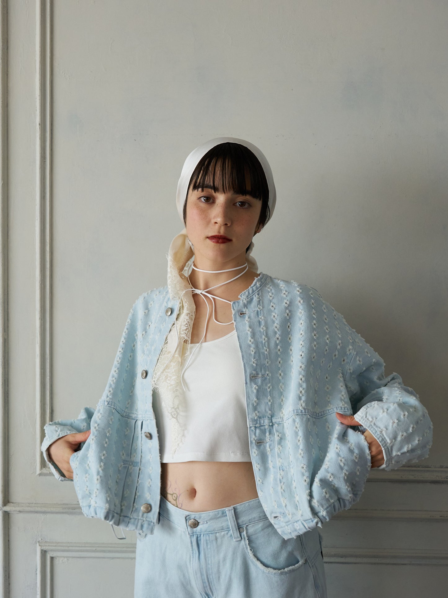 Textured NoCollar Denim Jacket