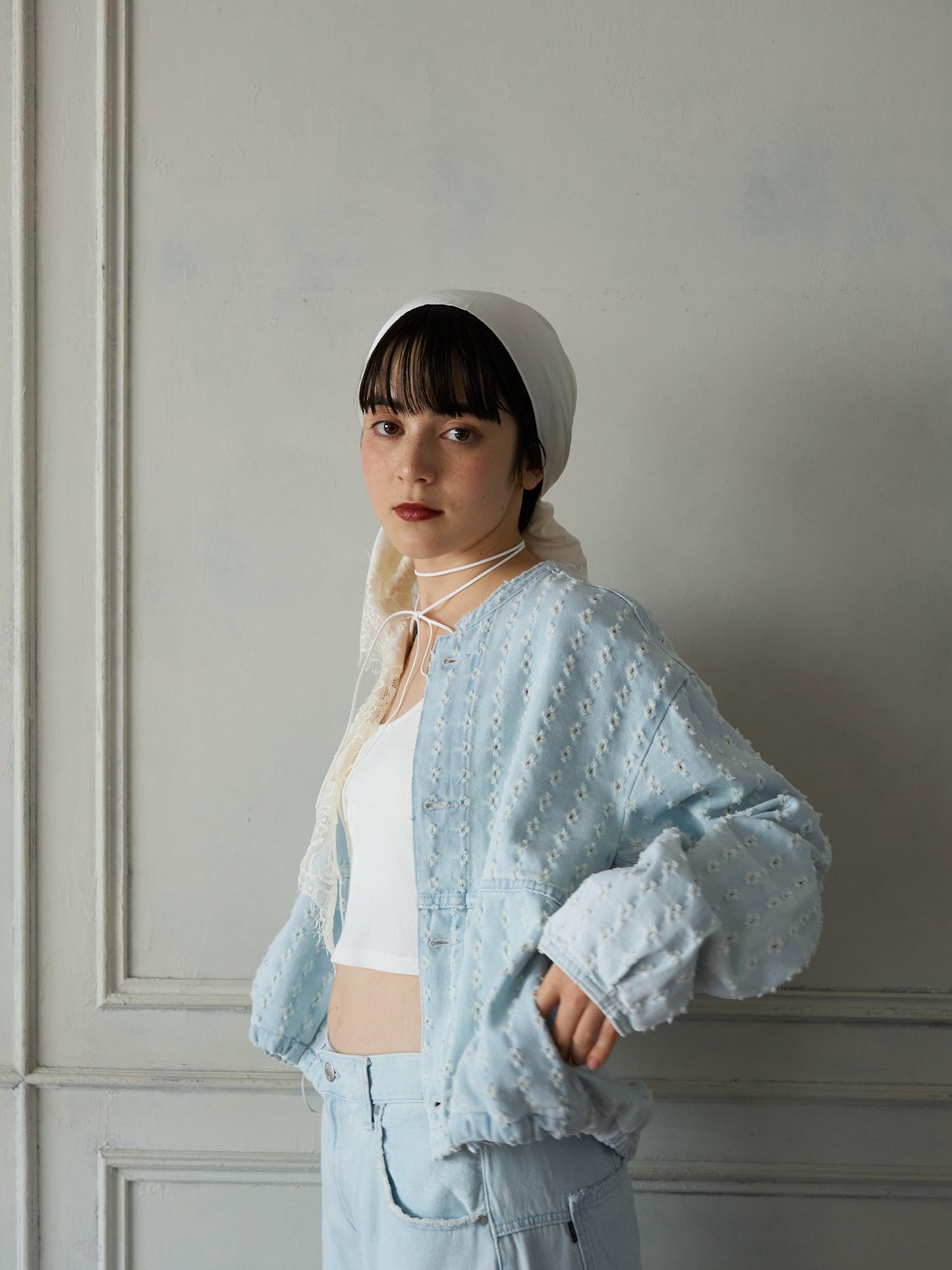 Textured NoCollar Denim Jacket