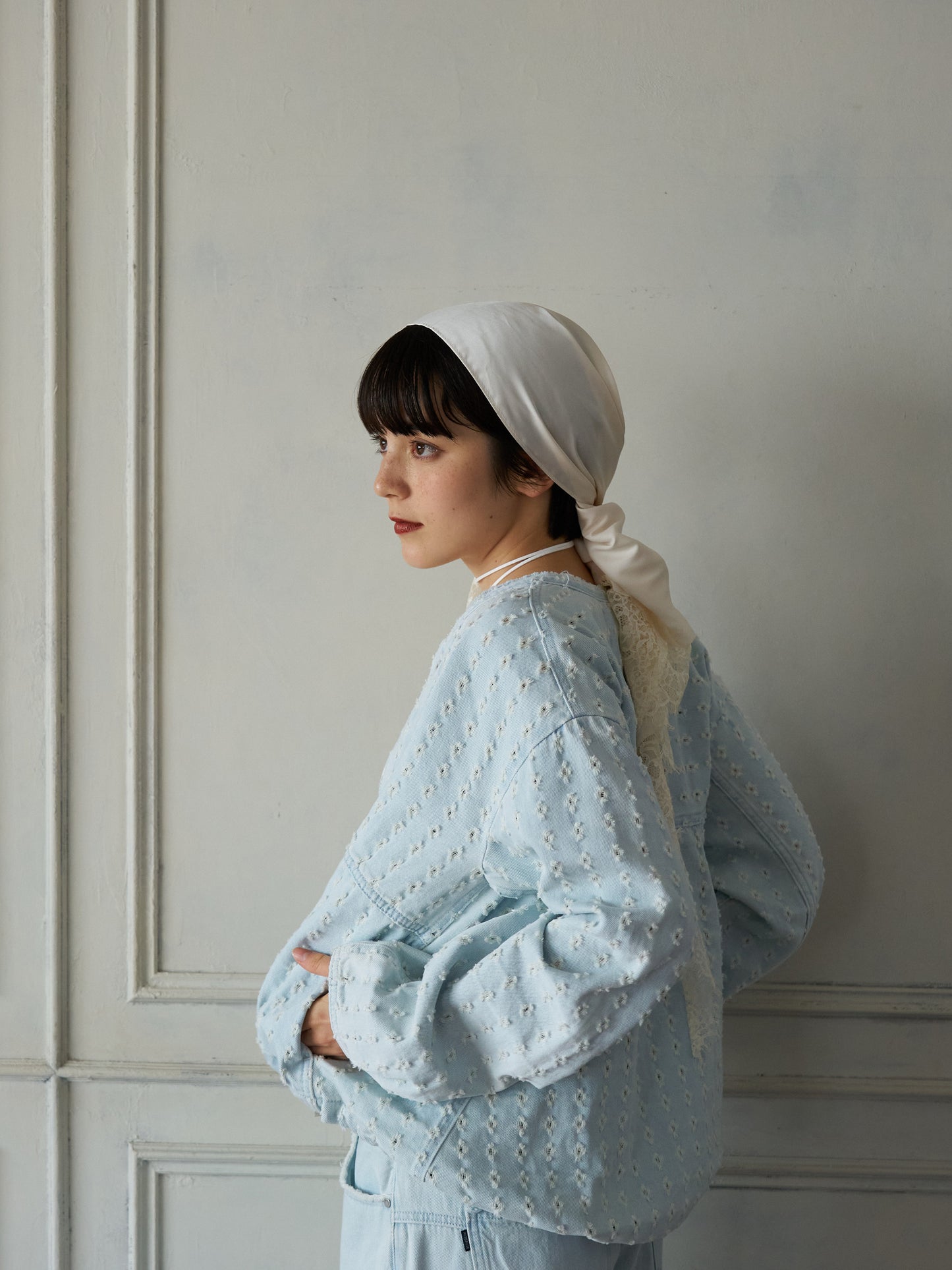 Textured NoCollar Denim Jacket