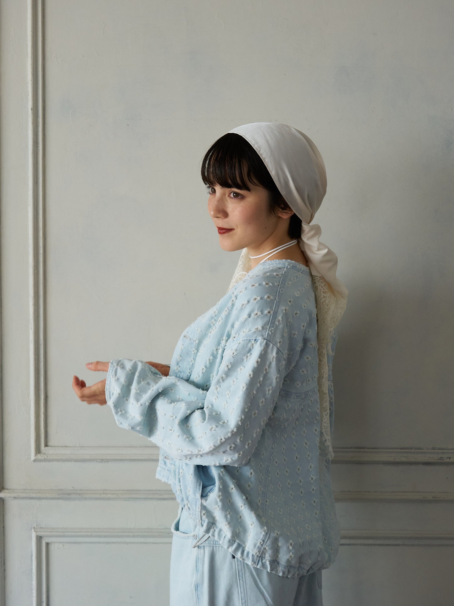 Textured NoCollar Denim Jacket