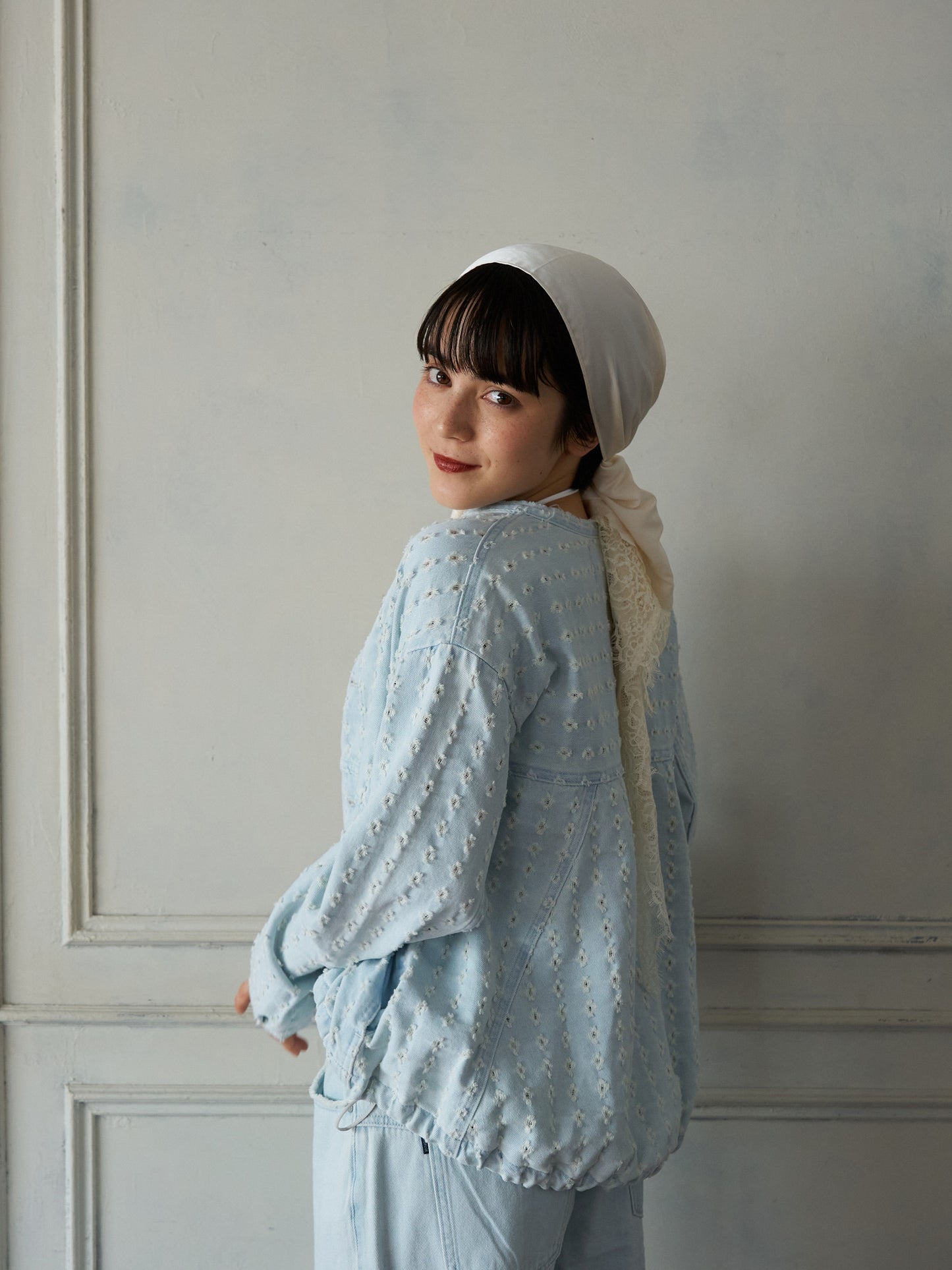 Textured NoCollar Denim Jacket