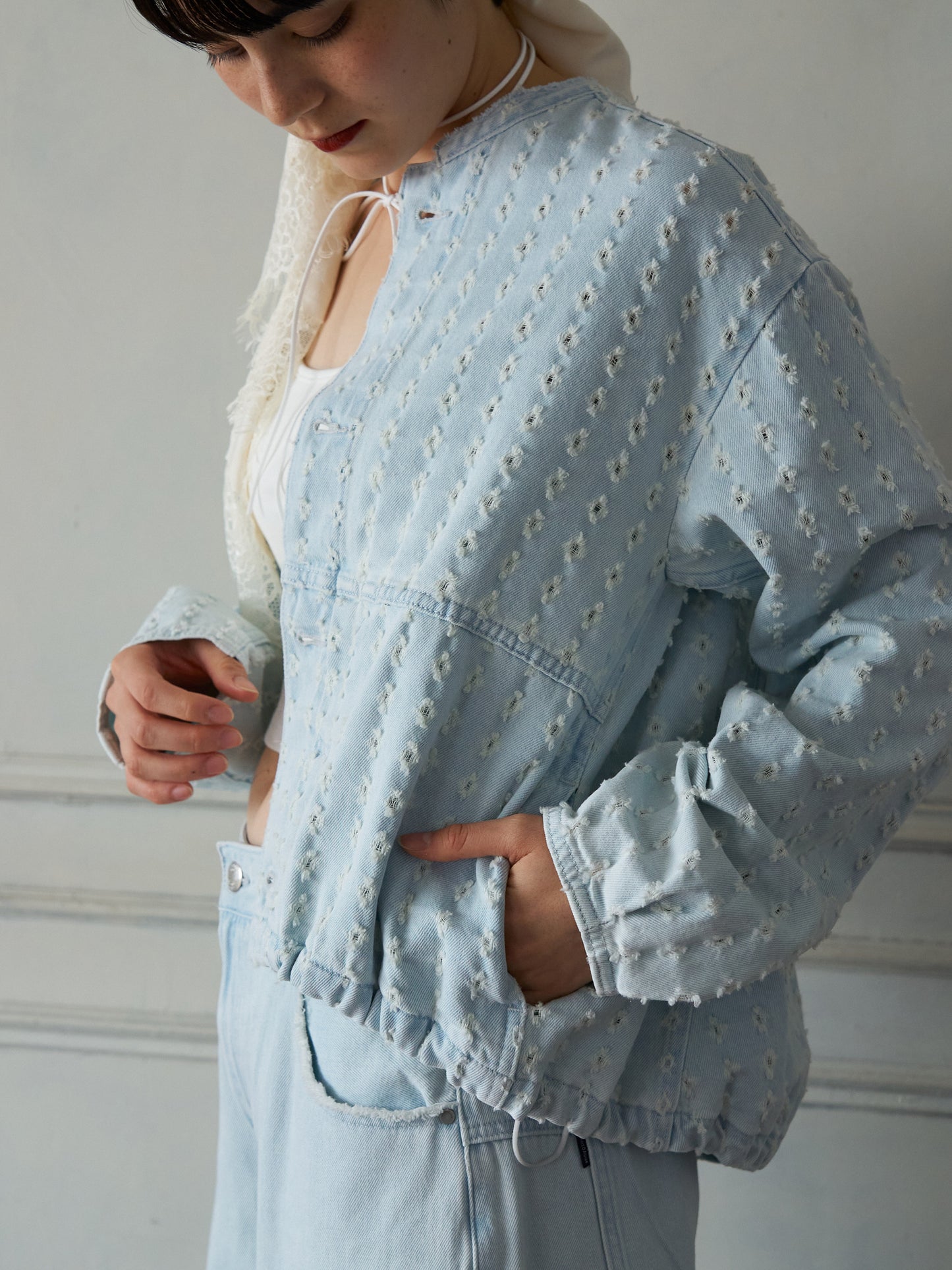 Textured NoCollar Denim Jacket